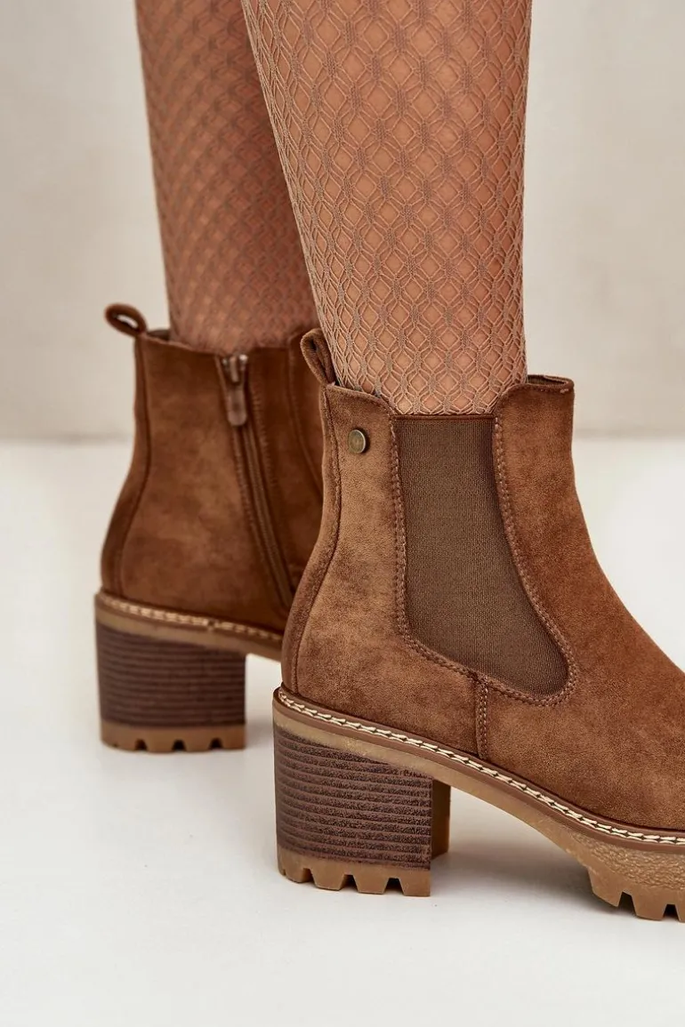 Botki Damskie Ocieplane Na Słupku Eko Zamszowe Brązowe Irissinae