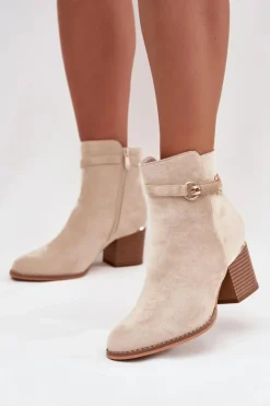 Botki Damskie Ocieplane Na Słupku Z Ozdobnym Paskiem Beżowe Galissa