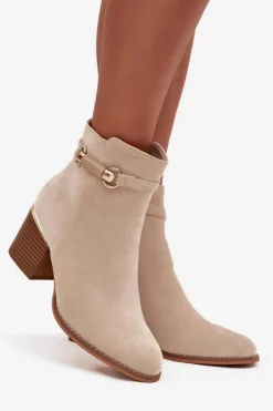 Botki Damskie Ocieplane Na Słupku Z Ozdobnym Paskiem Beżowe Galissa