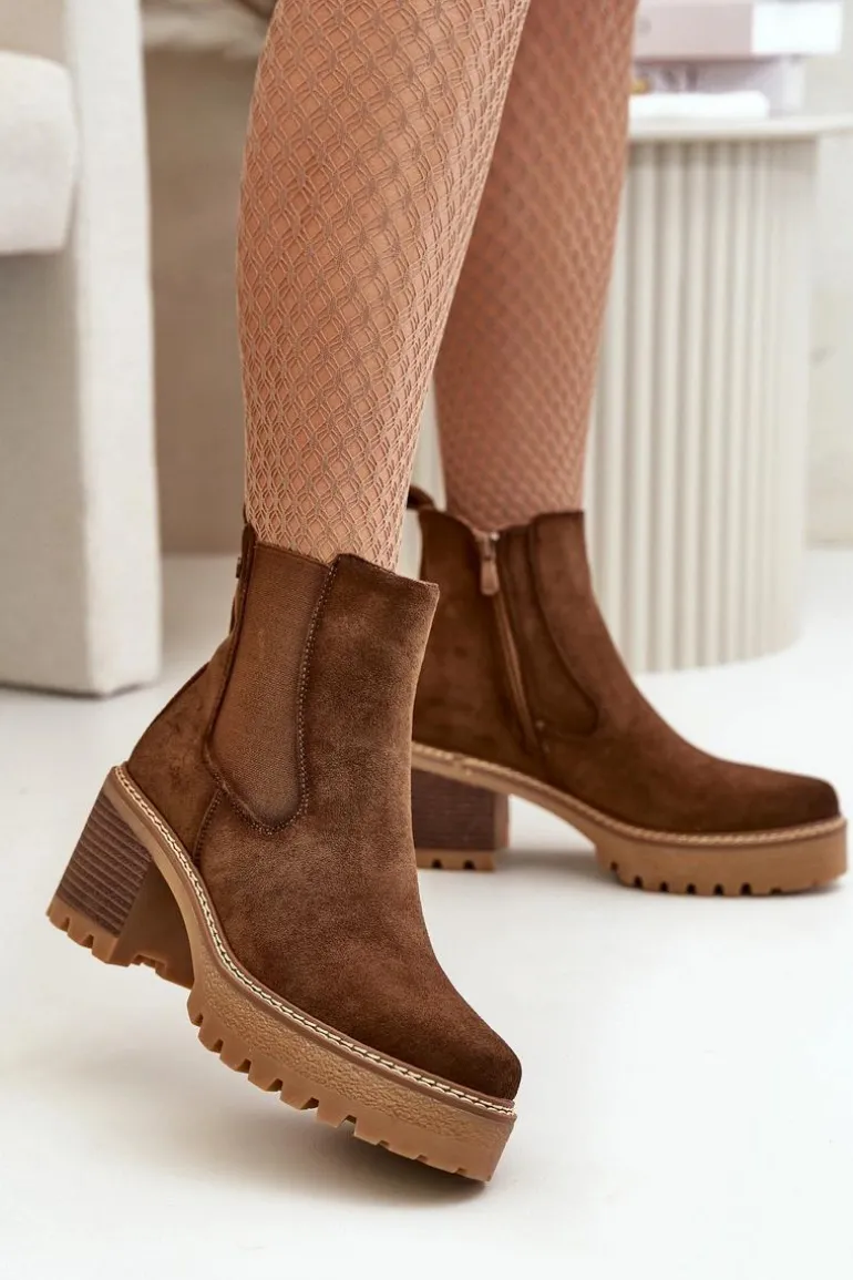 Botki Damskie Ocieplane Na Słupku Eko Zamszowe Brązowe Irissinae