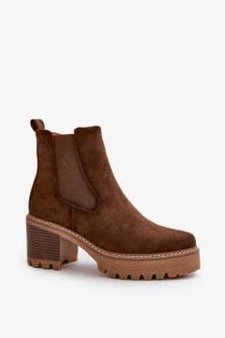 Botki Damskie Ocieplane Na Słupku Eko Zamszowe Brązowe Irissinae