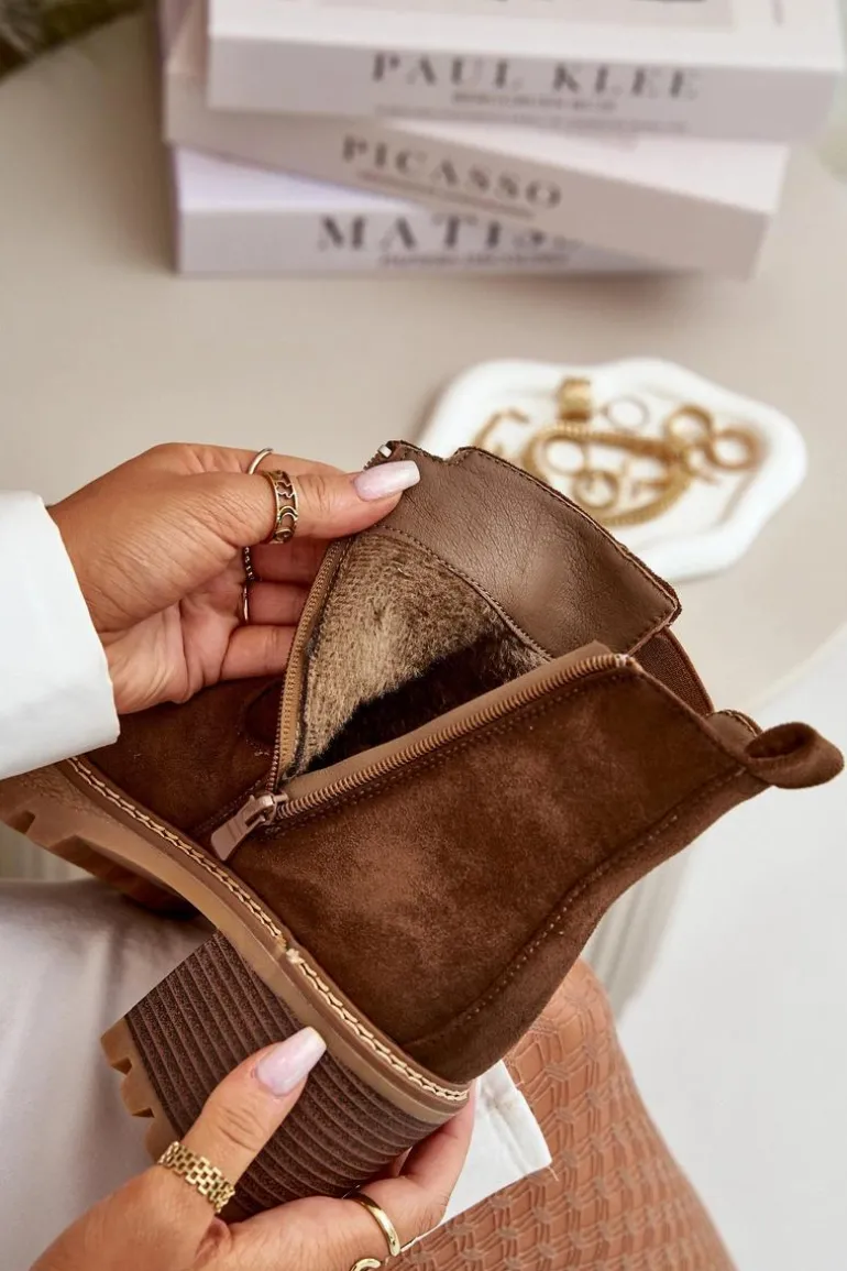 Botki Damskie Ocieplane Na Słupku Eko Zamszowe Brązowe Irissinae