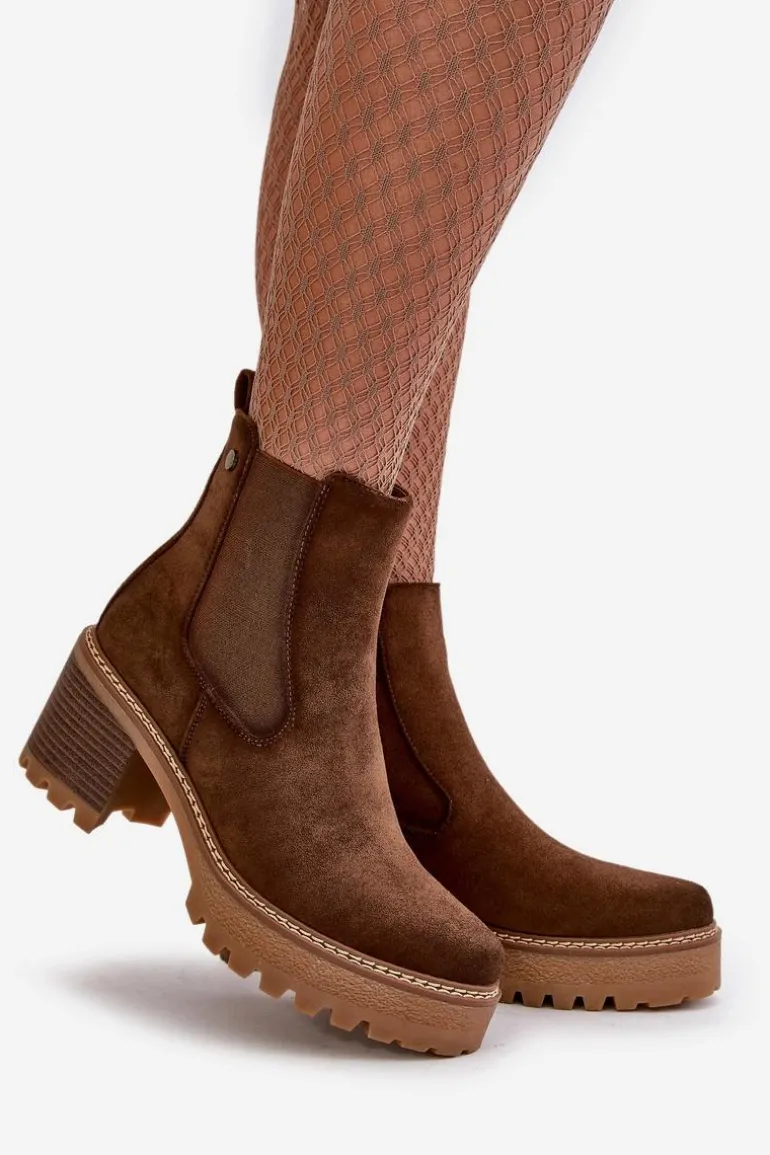 Botki Damskie Ocieplane Na Słupku Eko Zamszowe Brązowe Irissinae