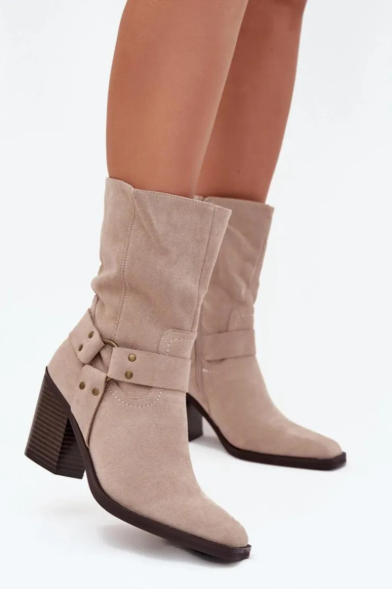 Botki Damskie Ocieplane Na Słupku Z Paskami I Ozdobnym Detalem Beżowe Neria