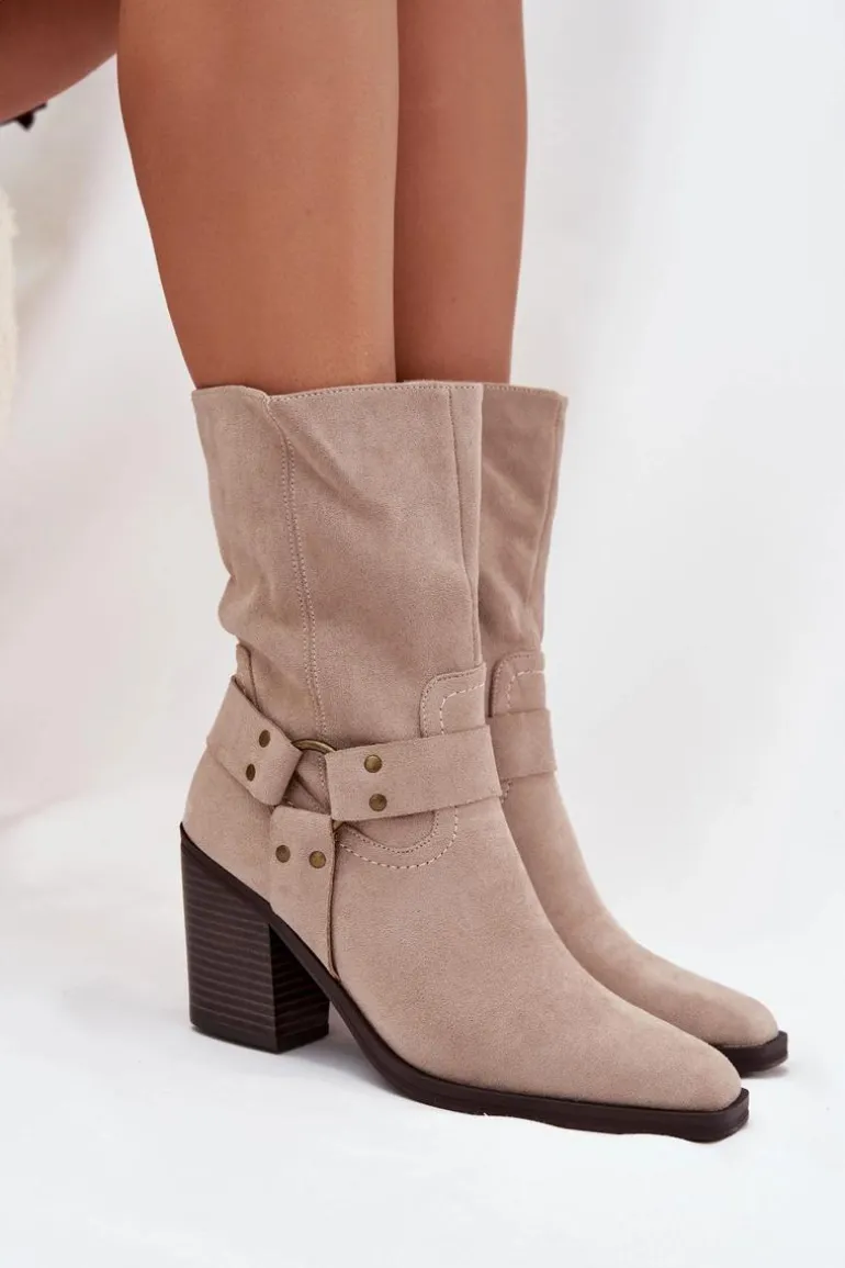 Botki Damskie Ocieplane Na Słupku Z Paskami I Ozdobnym Detalem Beżowe Neria
