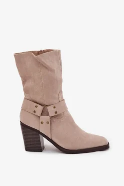 Botki Damskie Ocieplane Na Słupku Z Paskami I Ozdobnym Detalem Beżowe Neria