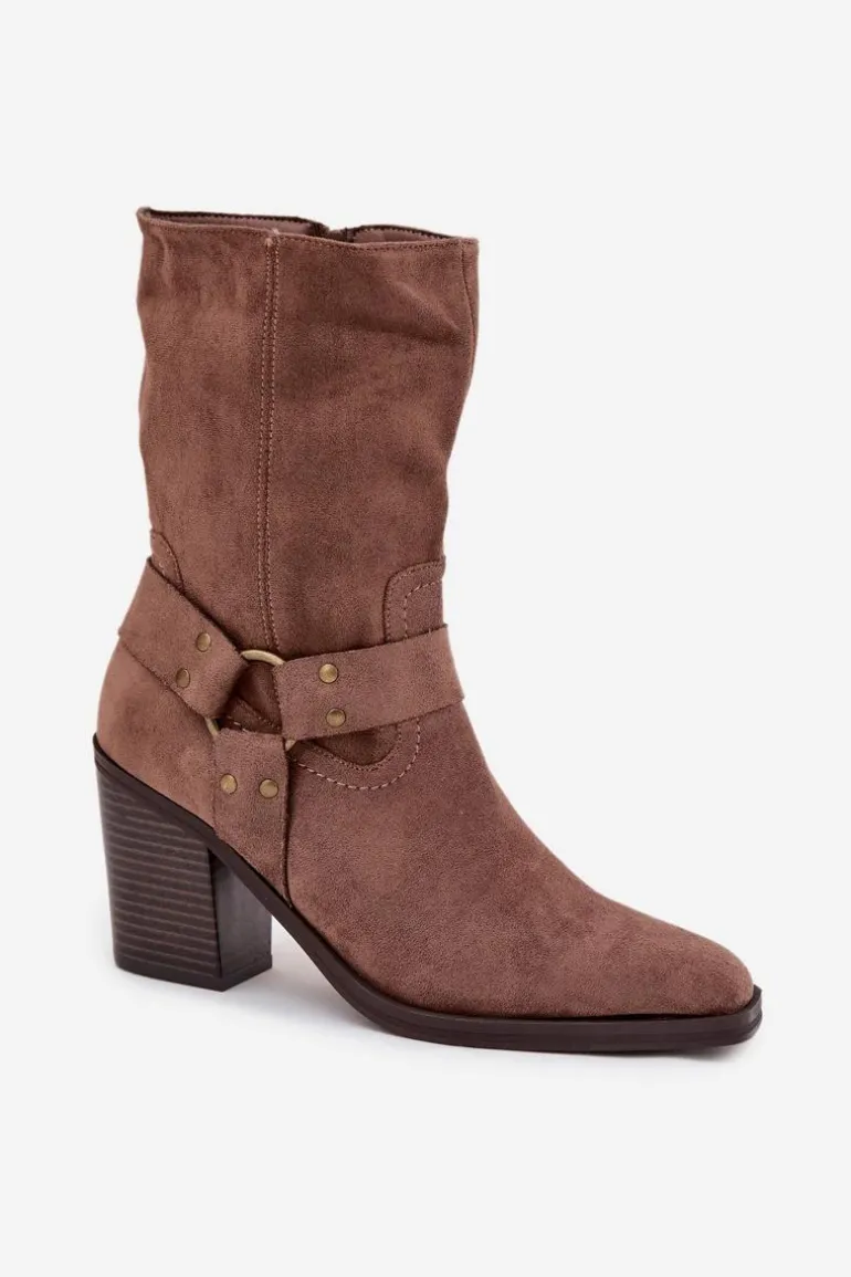 Botki Damskie Ocieplane Na Słupku Z Paskami I Ozdobnym Detalem Brązowe Neria