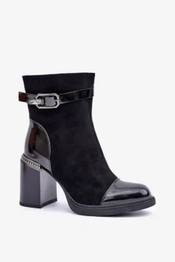 Botki Damskie Ocieplane Na Obcasie Słupku Z Ozdobną Klamrą D&A MR880-085 Czarne