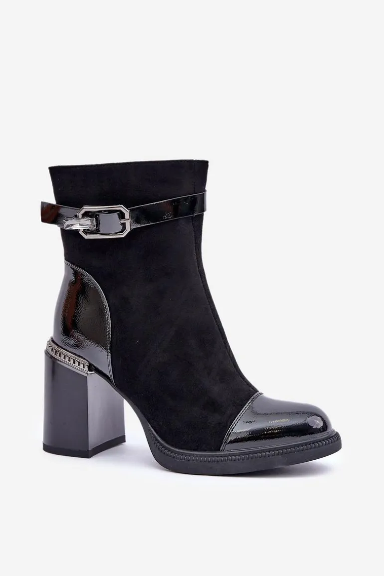 Botki Damskie Ocieplane Na Obcasie Słupku Z Ozdobną Klamrą D&A MR880-085 Czarne