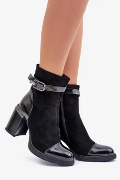Botki Damskie Ocieplane Na Obcasie Słupku Z Ozdobną Klamrą D&A MR880-085 Czarne