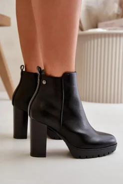 Botki Damskie Ocieplane Na Wysokim Słupku Zapinane Na Zamek Czarne Bioria