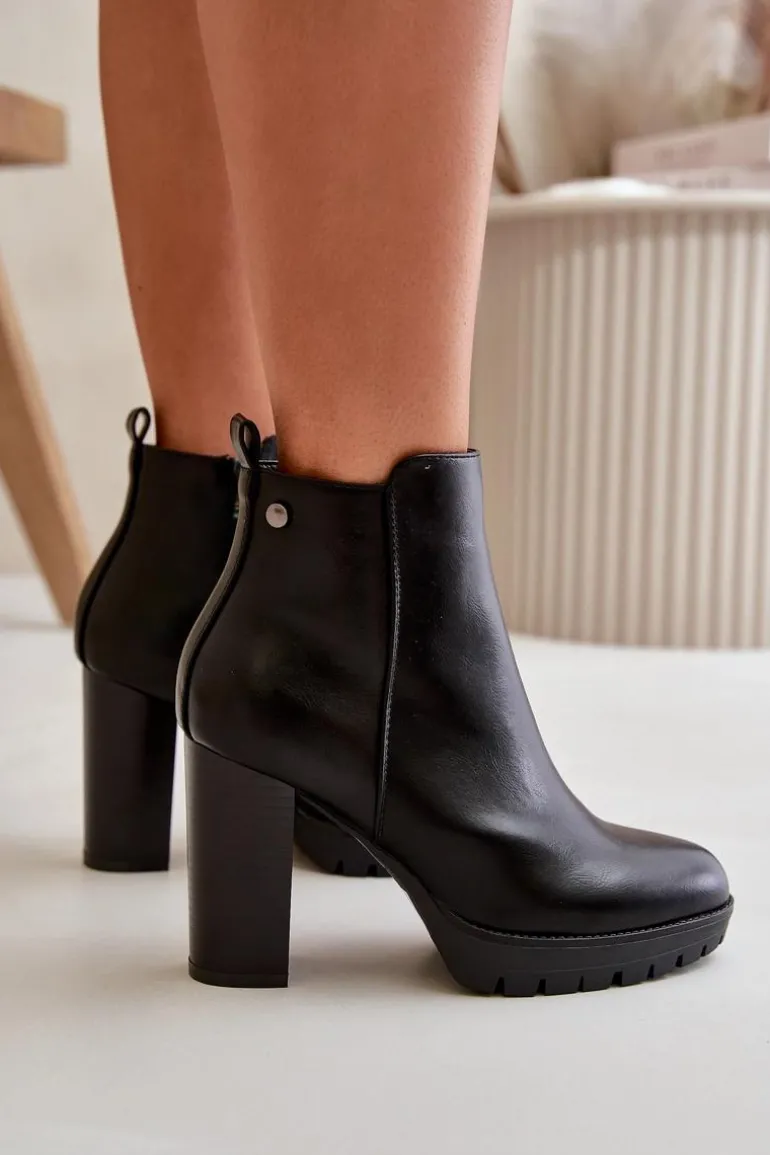 Botki Damskie Ocieplane Na Wysokim Słupku Zapinane Na Zamek Czarne Bioria