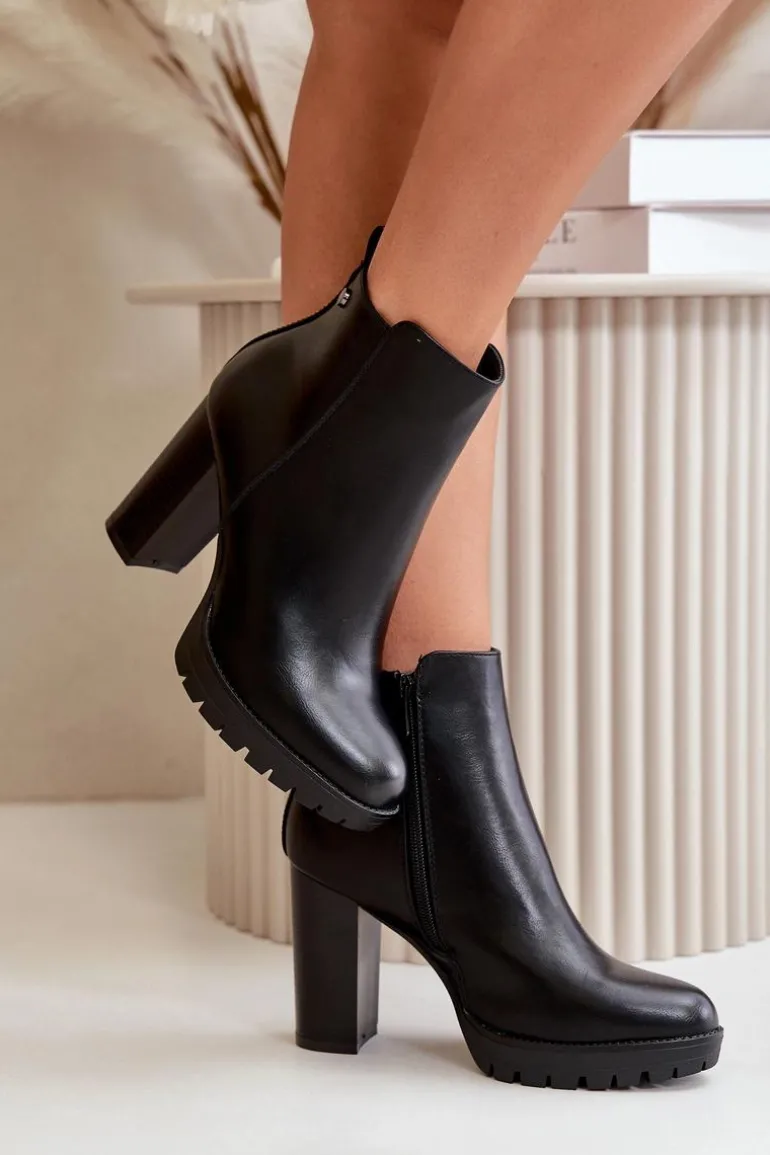 Botki Damskie Ocieplane Na Wysokim Słupku Zapinane Na Zamek Czarne Bioria