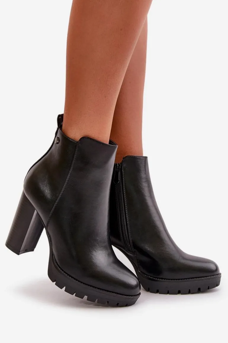 Botki Damskie Ocieplane Na Wysokim Słupku Zapinane Na Zamek Czarne Bioria