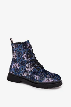 Botki Damskie Ocieplane W Kwiaty Artiker 57C1052 Granatowe