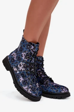 Botki Damskie Ocieplane W Kwiaty Artiker 57C1052 Granatowe