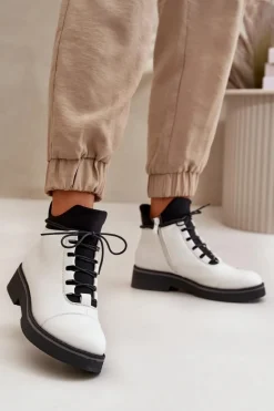 Botki Damskie Ocieplane Z Niską Cholewką Eko Skórzane Białe