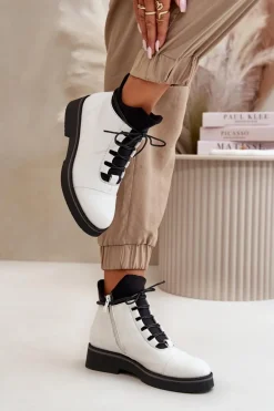 Botki Damskie Ocieplane Z Niską Cholewką Eko Skórzane Białe