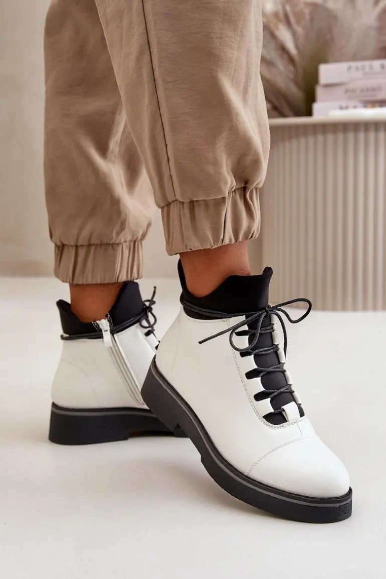 Botki Damskie Ocieplane Z Niską Cholewką Eko Skórzane Białe