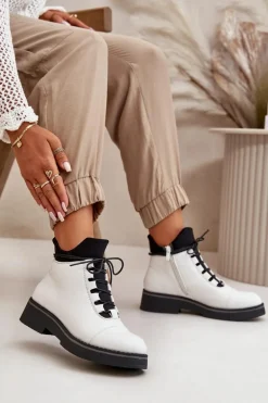 Botki Damskie Ocieplane Z Niską Cholewką Eko Skórzane Białe