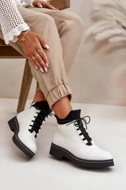 Botki Damskie Ocieplane Z Niską Cholewką Eko Skórzane Białe