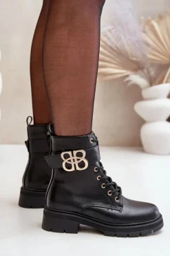 Botki Damskie Ocieplane Ze Złotą Ozdobą Czarne Nealithra