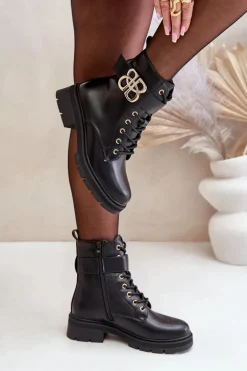 Botki Damskie Ocieplane Ze Złotą Ozdobą Czarne Nealithra