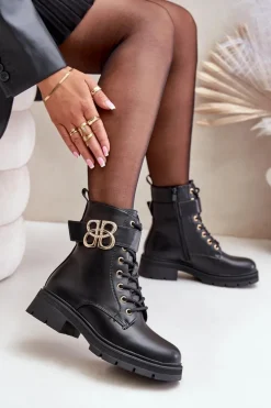 Botki Damskie Ocieplane Ze Złotą Ozdobą Czarne Nealithra