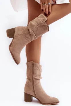 Botki Damskie Ocieplane Z Marszczoną Cholewką Na Słupku Beżowe Shavy