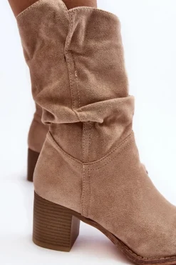 Botki Damskie Ocieplane Z Marszczoną Cholewką Na Słupku Beżowe Shavy