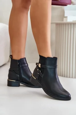 Botki Damskie Ocieplane Z Ozdobnymi Paskami Czarne Kikirra