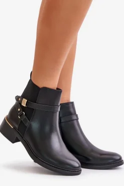 Botki Damskie Ocieplane Z Ozdobnymi Paskami Czarne Kikirra