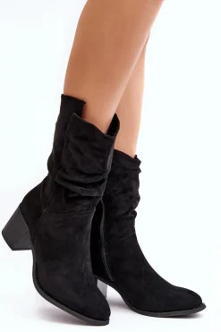 Botki Damskie Ocieplane Z Marszczoną Cholewką Na Słupku Czarne Shavy