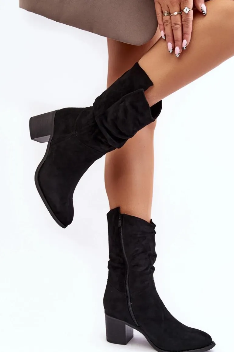 Botki Damskie Ocieplane Z Marszczoną Cholewką Na Słupku Czarne Shavy