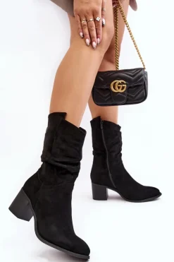 Botki Damskie Ocieplane Z Marszczoną Cholewką Na Słupku Czarne Shavy