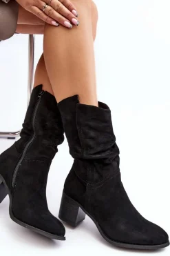 Botki Damskie Ocieplane Z Marszczoną Cholewką Na Słupku Czarne Shavy