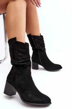 Botki Damskie Ocieplane Z Marszczoną Cholewką Na Słupku Czarne Shavy