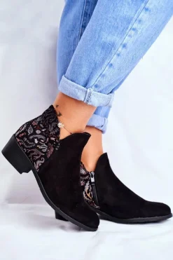 Botki Damskie Płaski Obcas Wiosenne Czarne Elizabeth