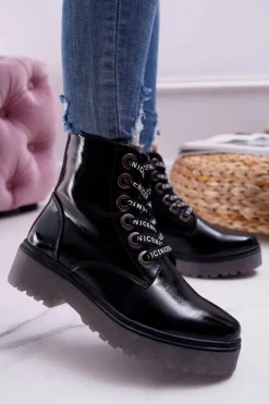 Botki Damskie Płaski Obcas Glany Lakierowane Czarne Sergio Leone TR726