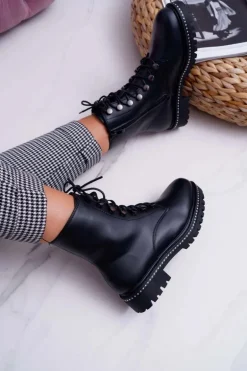 Botki Damskie Płaski Obcas Wysokie Glany Czarne Buena