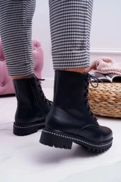 Botki Damskie Płaski Obcas Wysokie Glany Czarne Buena