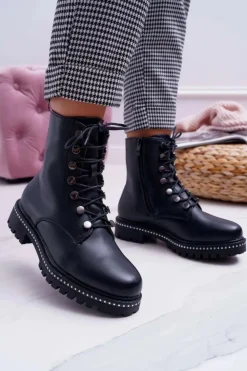 Botki Damskie Płaski Obcas Wysokie Glany Czarne Buena