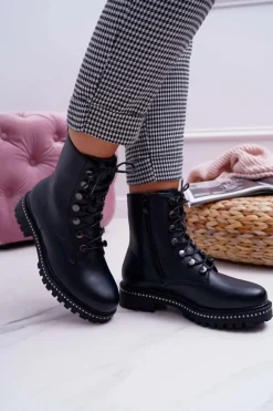 Botki Damskie Płaski Obcas Wysokie Glany Czarne Buena