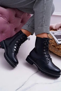 Botki Damskie Płaski Obcas Wysokie Glany Czarne Buena