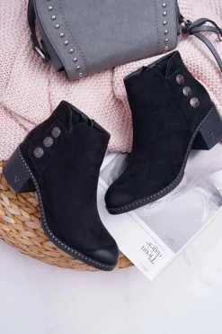 Botki Damskie Płaski Obcas Czarne Tristram