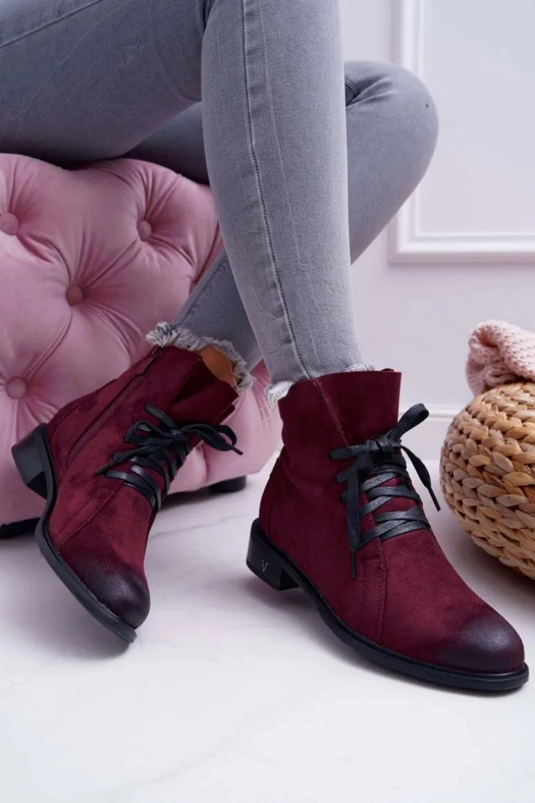 Botki Damskie Płaski Obcas Workery Bordowe Teref