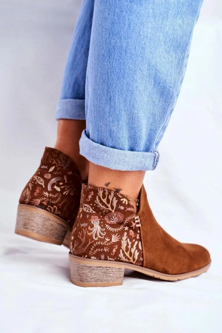 Botki Damskie Płaski Obcas Wiosenne Camel Elizabeth