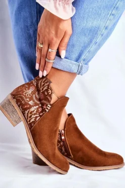 Botki Damskie Płaski Obcas Wiosenne Camel Elizabeth