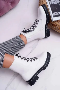 Botki Damskie Płaski Obcas Wysokie Glany Białe Buena