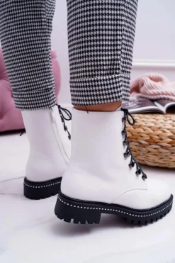 Botki Damskie Płaski Obcas Wysokie Glany Białe Buena